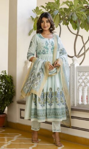 Seafoam Hand-Embroidered Mul Cotton Anarkali Set