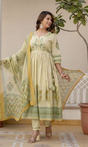 Premium Mint Green Hand-Worked Block Print Anarkali Set