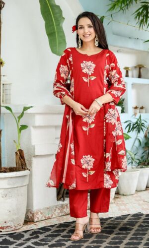 Crimson Floral Appliqué Ensemble In Pure Soft Cotton
(Close Fit)