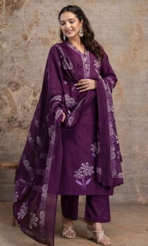 Deep Purple Hand-Painted Pure Cotton Straight Set