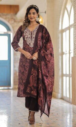 Artisanal Block Printed Cotton Set With Hand Embroidered Accents