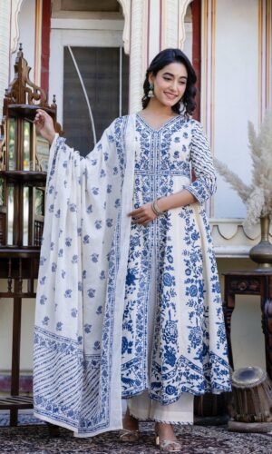 White And Blue Cotton Anarkali With Artisan Block Prints