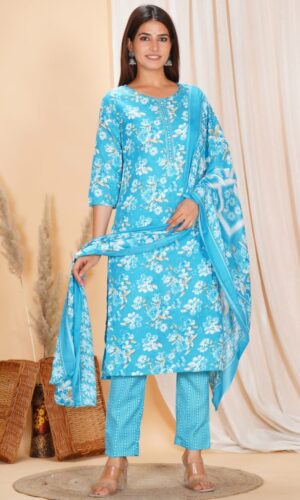 Firozee Blue Flex Cotton Ensemble With Hand-Pearl & Stone Detailing