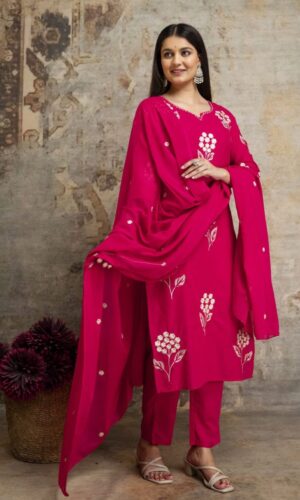 Royal Rani Pink Pure Cotton Set With Intricate Thread Embroidery