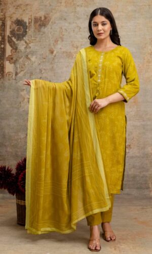 Artisanal Lemon Cotton Straight Suit With Hand-Detailed Motifs