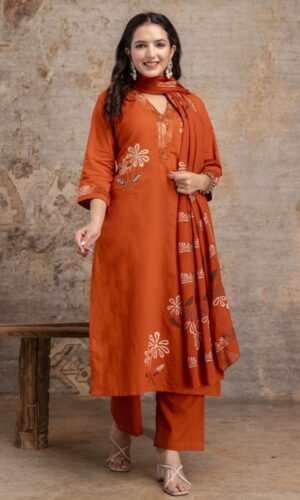 Rust Orange Heritage Suit with Intricate Hand-Detailed Accents