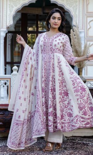 Hand Detailed Anarkali In Soft Dobby Cotton & Block Print