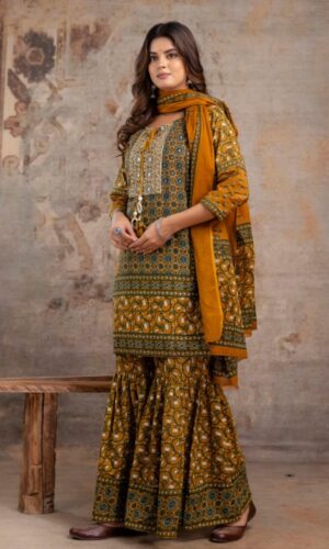 Artisanal Mustard Hand-Block Printed Cotton Sharara Set