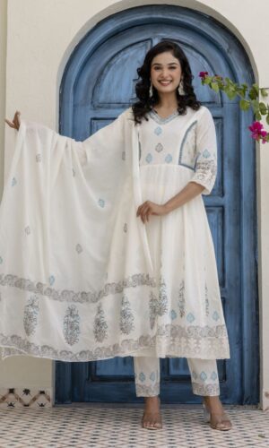 Midnight Bloom Pure Mul Cotton Anarkali With Hand-Crafted Mirrors