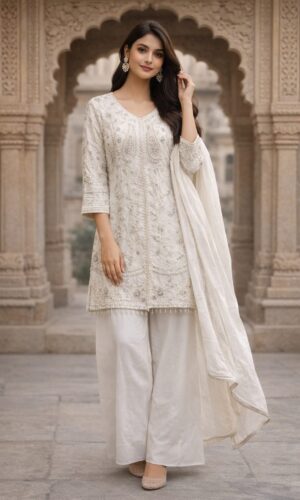 Silver-Laced Floral Pure Georgette Ensemble