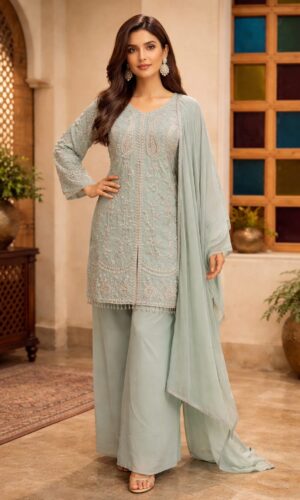 Ethereal Blush Hand-Beaded Palazzo Set