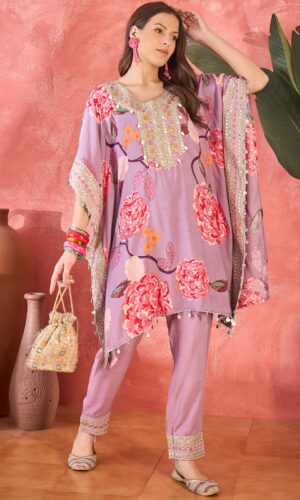 Glossy Muslin Silk Kaftan With Intricate Artisanal Handwork