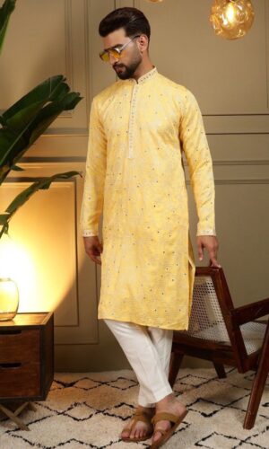 Yellow Heavy  Khadi Cotton Kurta With Mirror Work