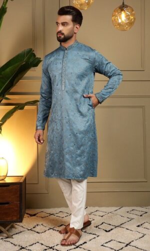 Premium Sky Blue Khadi Cotton Ethnic Wear With Embroidery