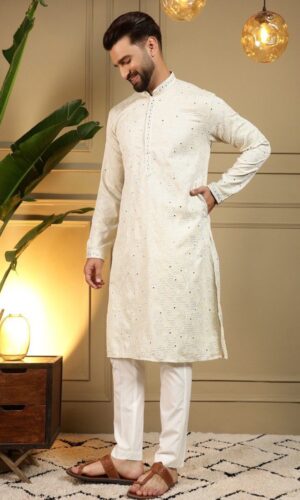 White Mirror Work Ethnic Suit in Heavy Khadi