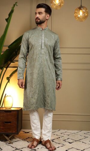 Designer Pista Khadi Cotton Kurta With Pajama