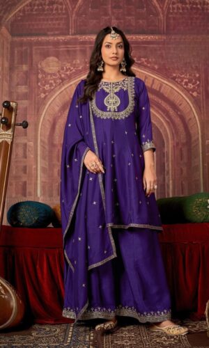Blooming Embroidery Vichitra Silk Kurta Set and Shawl